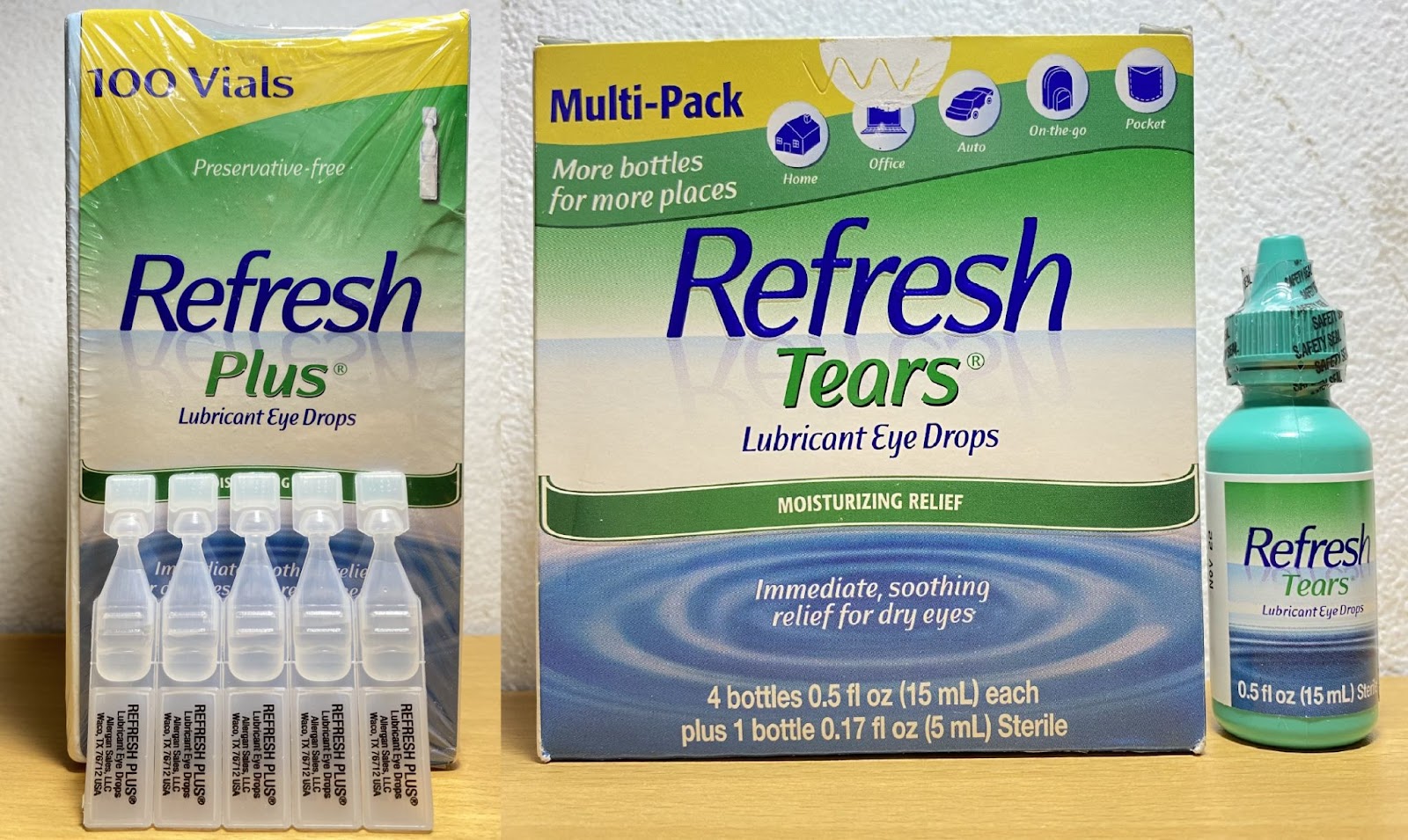 Nước mắt nhân tạo Refresh có thành phần chính là carboxymethylcellulose, một chất nhầy giúp giữ nước và ngăn ngừa các hạt bụi bám vào mắt.
